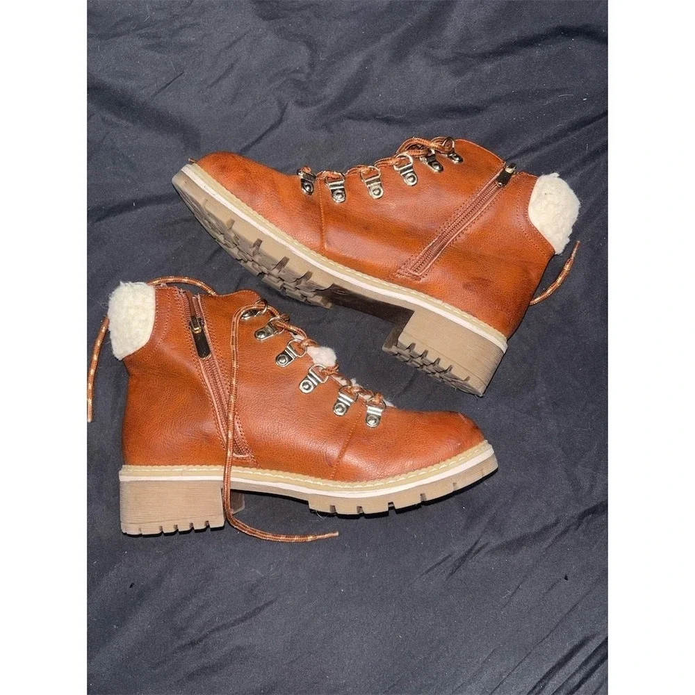 Petit Nord Teens's Brown Sherpa Lined Hiker Ankle Boots Lace Up Side Zip‎ Size 3